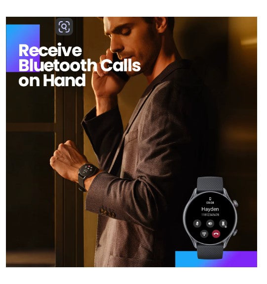 Man using a smartwatch with text 'Receive Bluetooth Calls on Hand' displayed.
