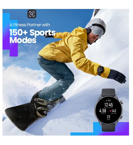 Person snowboarding with a fitness tracker on, promotional text about fitness partner and sports modes.