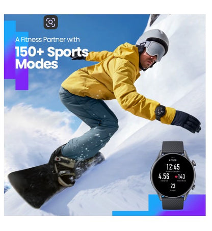Person snowboarding with a fitness tracker on, promotional text about fitness partner and sports modes.