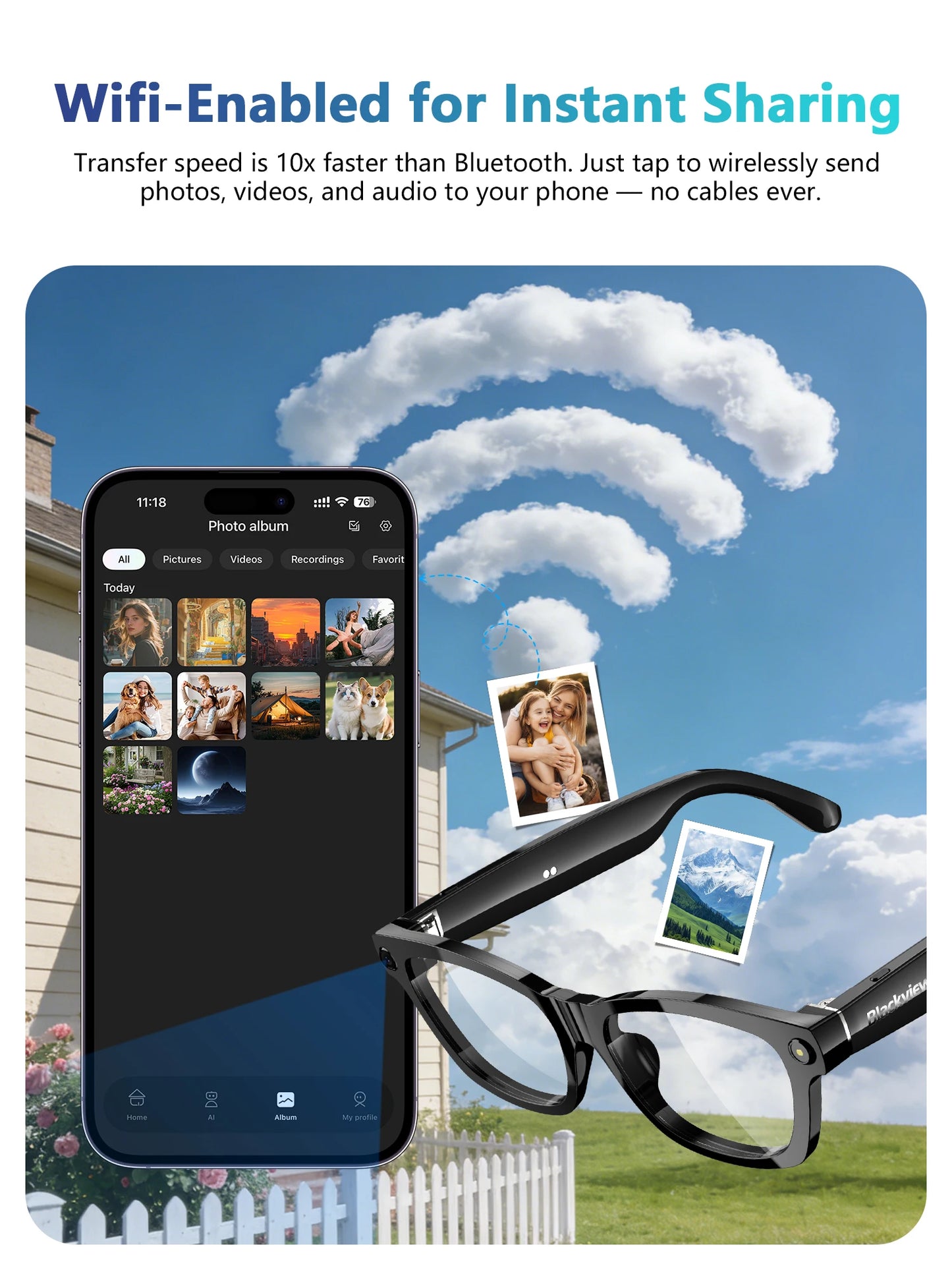 2K HD (800W Pixels) Camera smart glasses