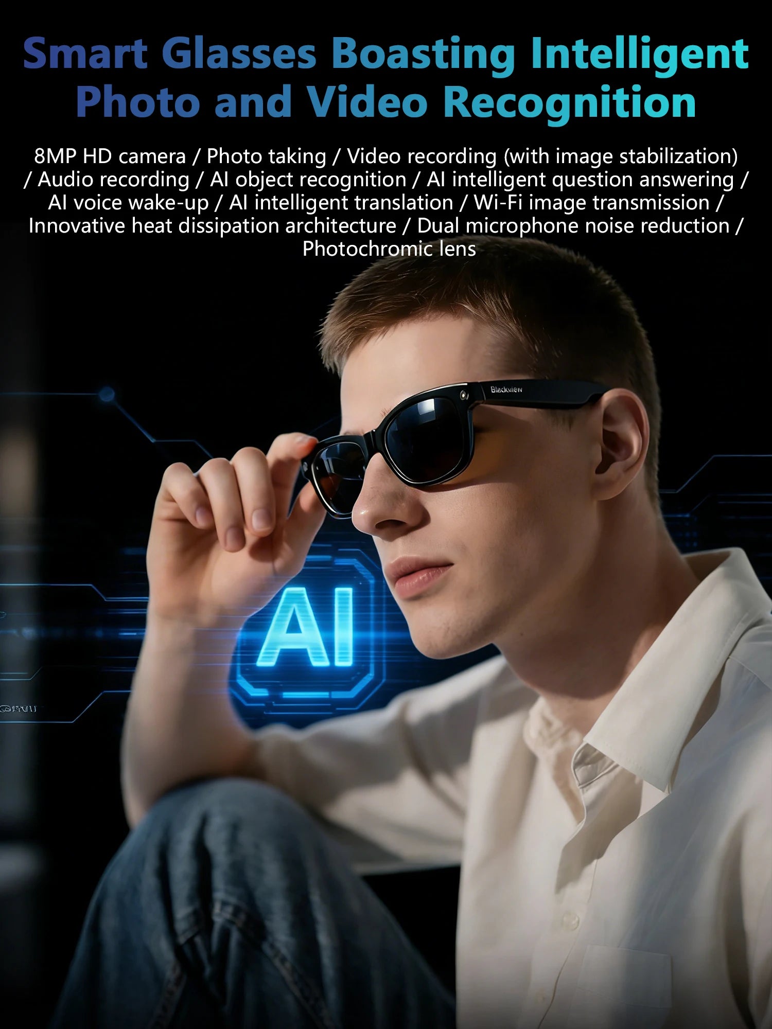 square frame smart glasses anti blue light lightweight design