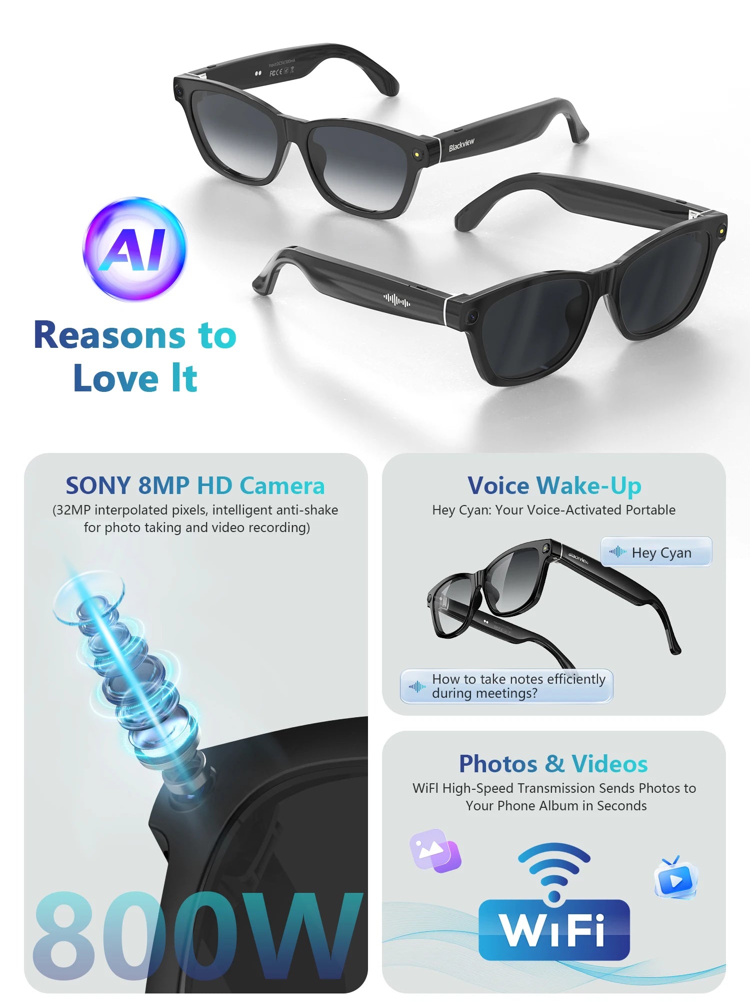 BV100 AI smart glasses with 2K HD camera and Bluetooth 5.3