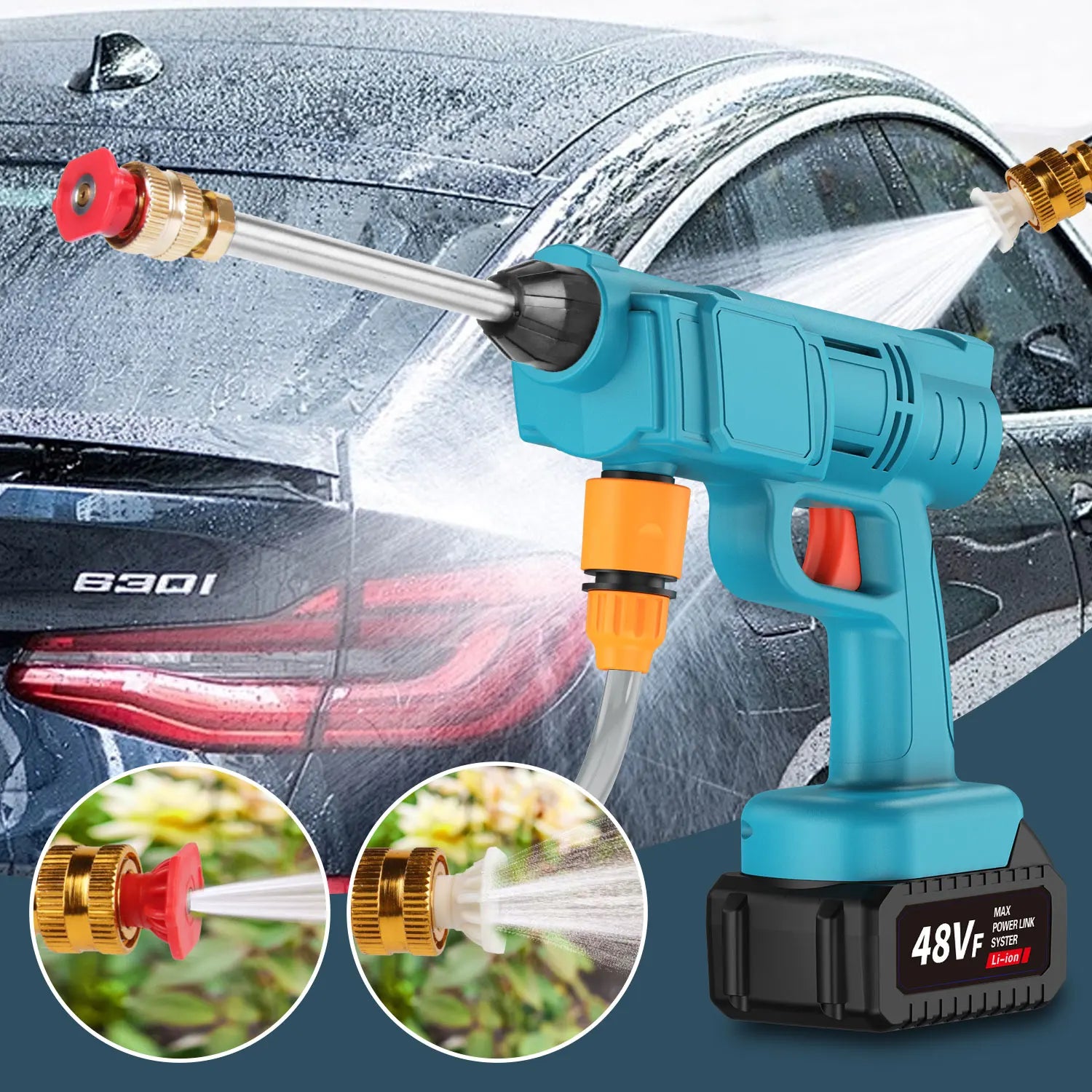 21V battery powered pressure cleaner with hose and foam sprayer