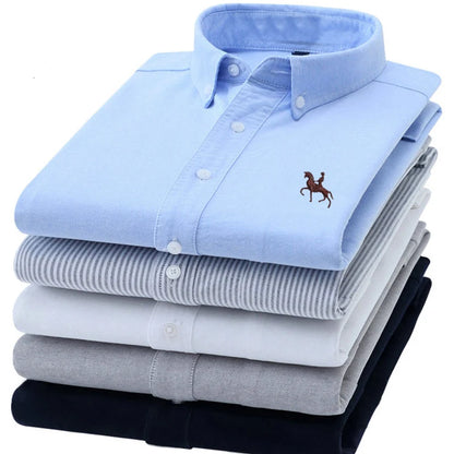 Cotton Oxford Long Sleeve Plaid Striped Casual Shirts For Men