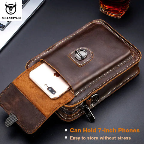 Bull-captain Crazy Horse Leather Male Waist Pack Phone Pouch Bags