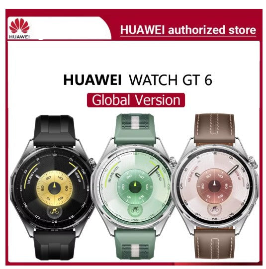 Three Huawei Watch GT 6 watches with different colored straps on a red background.
