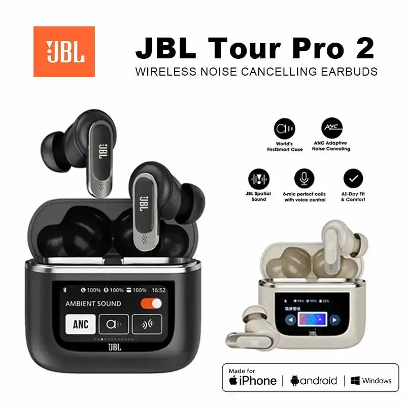 JBL Tour Pro 2 wireless Bluetooth earbuds ANC smart case display