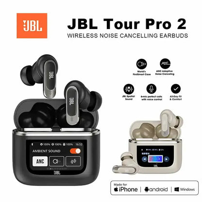 JBL Tour Pro 2 wireless Bluetooth earbuds ANC smart case display