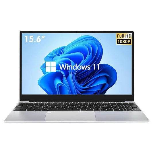 Laptop with a screen displaying Windows 11 on a white background