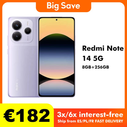 Xiaomi Redmi Note 14 Smartphone 5G 8GB/256GB MediaTek Dimensity 7025-Ultra 6.67" AMOLED Display 108MP Triple Camera