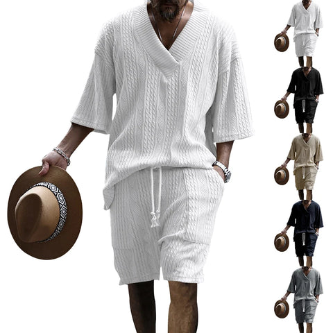 High-quality Jacquard V-neck Short-sleeved Shorts Two-piece Men's Clothing