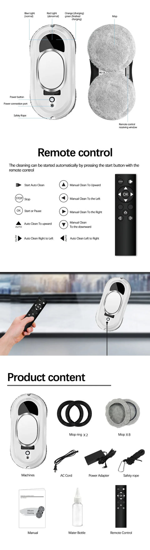 Robot Window Cleaner Electric Glass Remote Control for Home