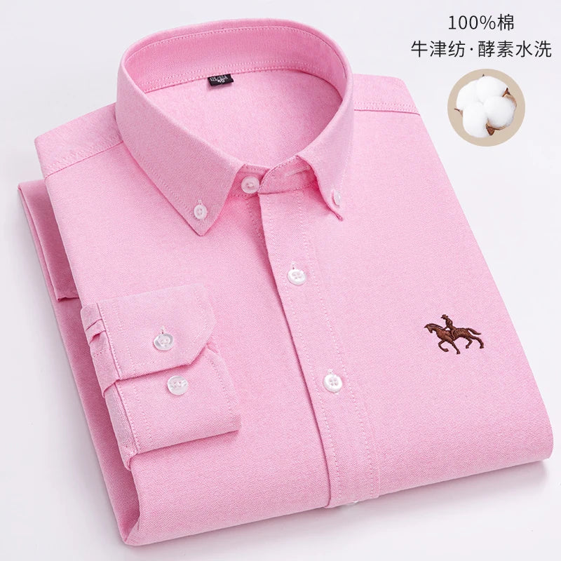 Cotton Oxford Long Sleeve Plaid Striped Casual Shirts For Men
