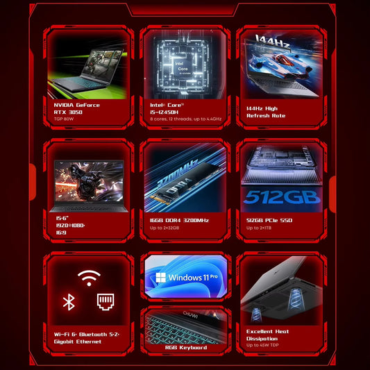 CHUWI GTBook Laptop Windows 11 Pro Intel i5-12450H RTX 3050 15.6 Inch