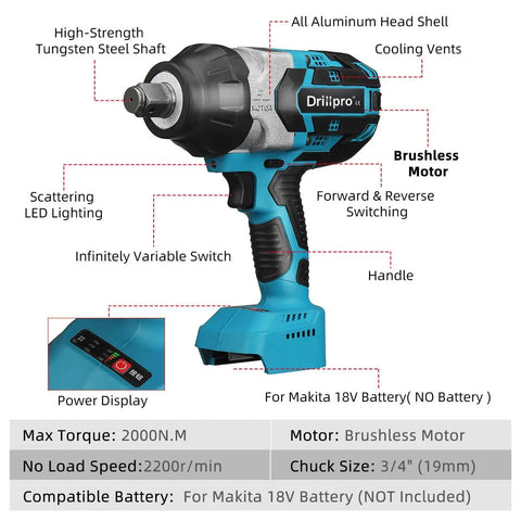 Avvitatore elettrico senza spazzole a coppia elevata Drillpro 2000N.m da 3/4 pollici