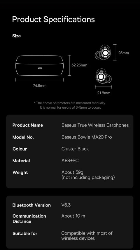 Baseus Waterproof MA20 pro Earphones -48dB Active Noise Cancelling