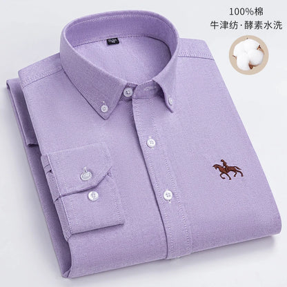 Cotton Oxford Long Sleeve Plaid Striped Casual Shirts For Men