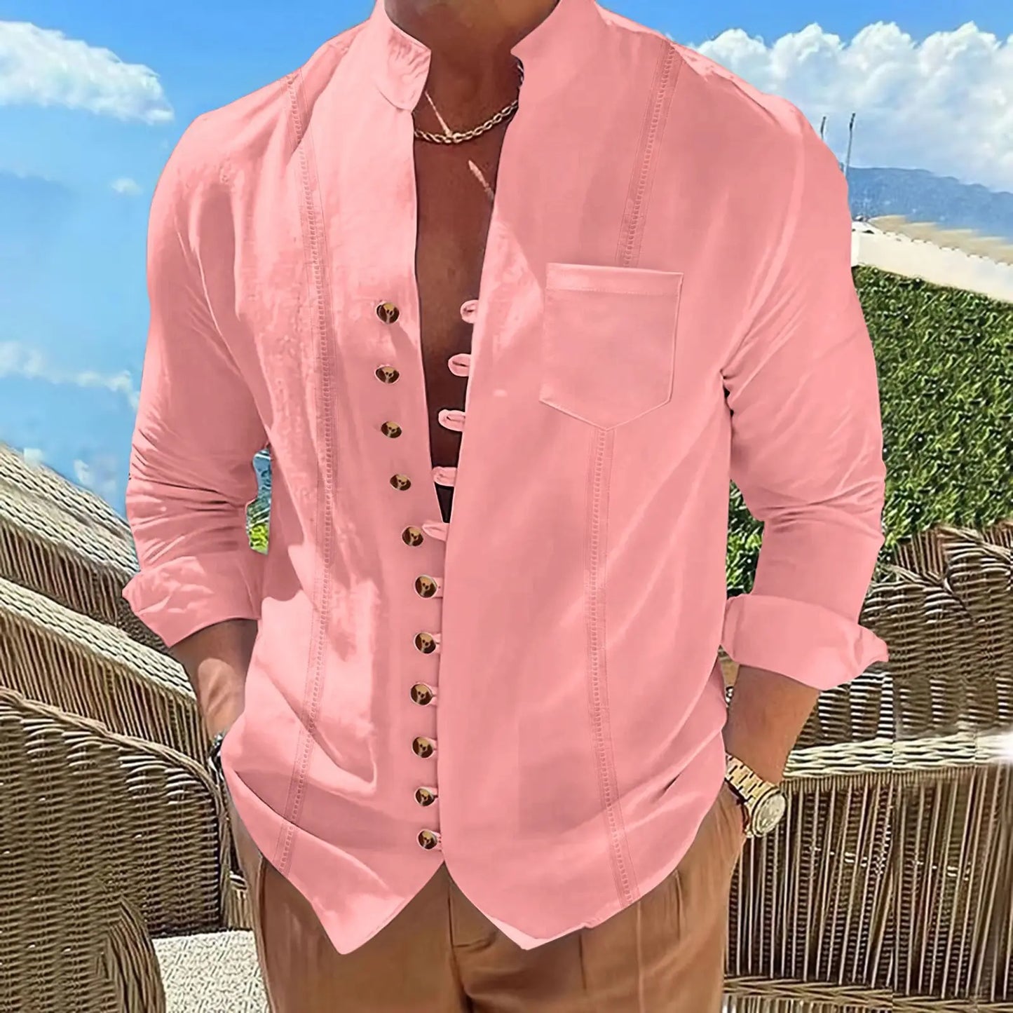 Cardigan Men's retro stand-up collar long-sleeved shirt Casual multi-button