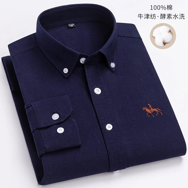 Cotton Oxford Long Sleeve Plaid Striped Casual Shirts For Men