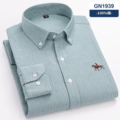 Cotton Oxford Long Sleeve Plaid Striped Casual Shirts For Men