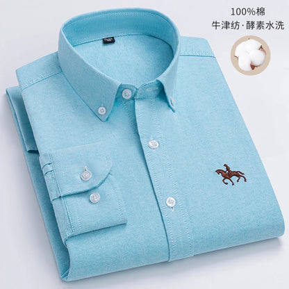 Cotton Oxford Long Sleeve Plaid Striped Casual Shirts For Men