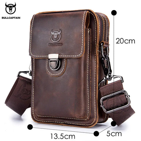Bull-captain Crazy Horse Leather Male Waist Pack Phone Pouch Bags