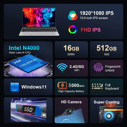 xiaman Celeron Windows 11 Fingerprint Laptop 15.6" For Business And Home Work