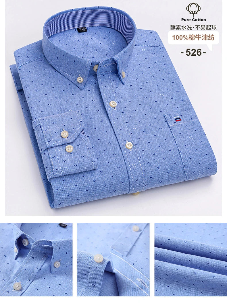 Cotton Oxford Long Sleeve Plaid Striped Casual Shirts For Men