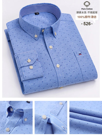 Cotton Oxford Long Sleeve Plaid Striped Casual Shirts For Men