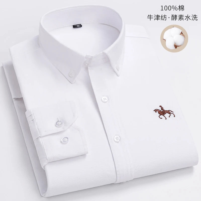Cotton Oxford Long Sleeve Plaid Striped Casual Shirts For Men
