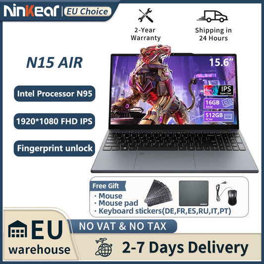Ninkear N15 Air 15.6-Inch Laptop – Intel N95, 16GB RAM, 512GB SSD, Full HD IPS, Windows 11 Pro Computer