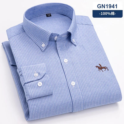 Cotton Oxford Long Sleeve Plaid Striped Casual Shirts For Men