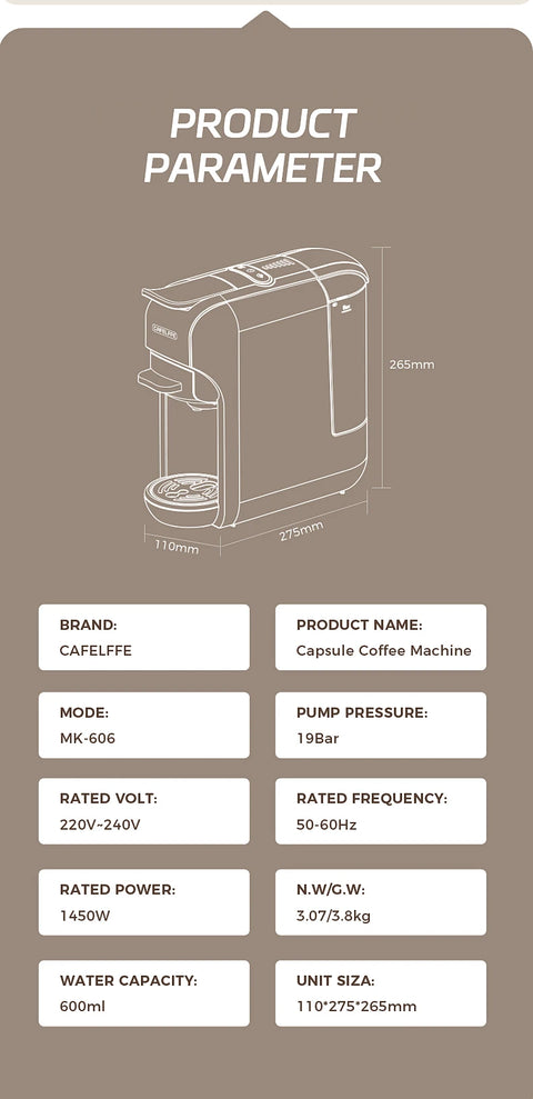 19 Bar Cafelffe 5 in 1 Multiple Capsule Coffee Machine Hot/Cold DG