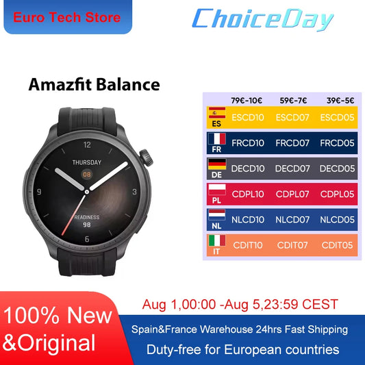 Amazfit Balance Smart Watch GPS Alexa Voice Composizione corporea, Recupero del sonno, Durata della batteria di 14 giorni