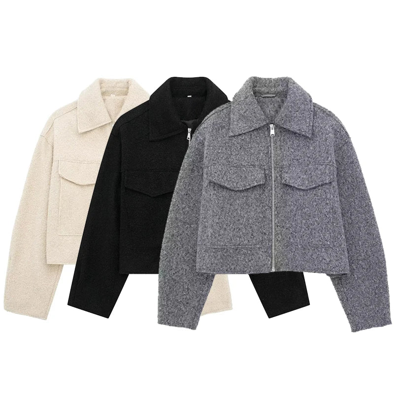 Vintage long sleeve Grey Front Zipper Jackets Outfits