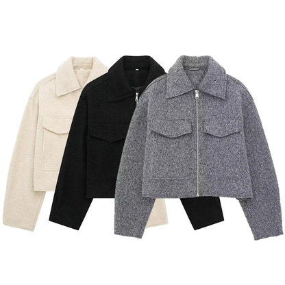 Vintage long sleeve Grey Front Zipper Jackets Outfits