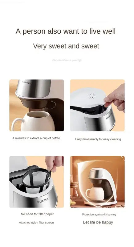 compact coffee maker with steam extraction and reusable filter