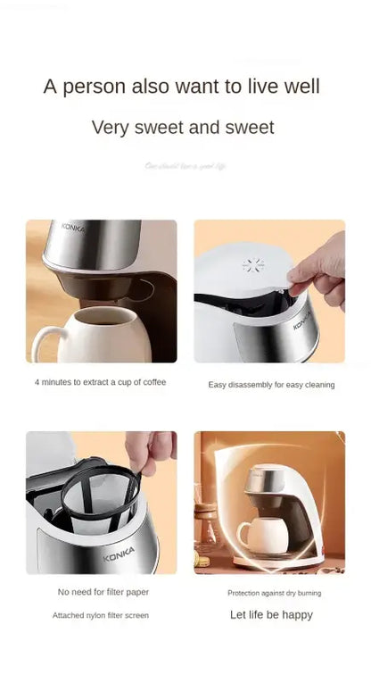 compact coffee maker with steam extraction and reusable filter