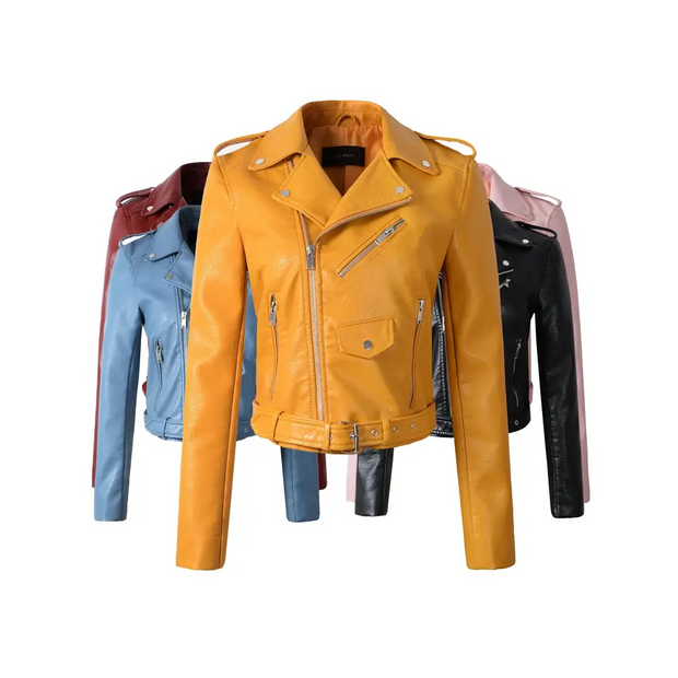 New Arrival 2022 brand Winter Autumn Motorcycle leather jackets yellow leather jacket women leather coat slim PU jacket Leather - laurichshop