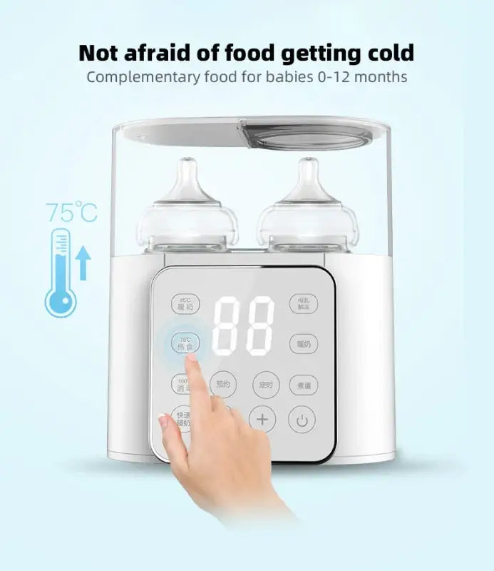 White electric baby bottle food heater with digital display and touch controls