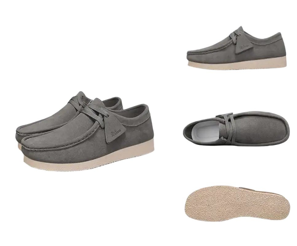 Beige suede leather shoes with white soles and classic laces for men