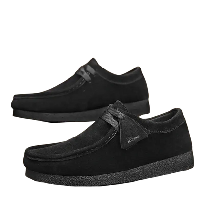 Beige suede leather shoes with rubber soles and accents for men