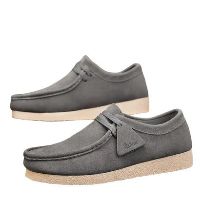 Beige suede leather shoes for men with white rubber soles