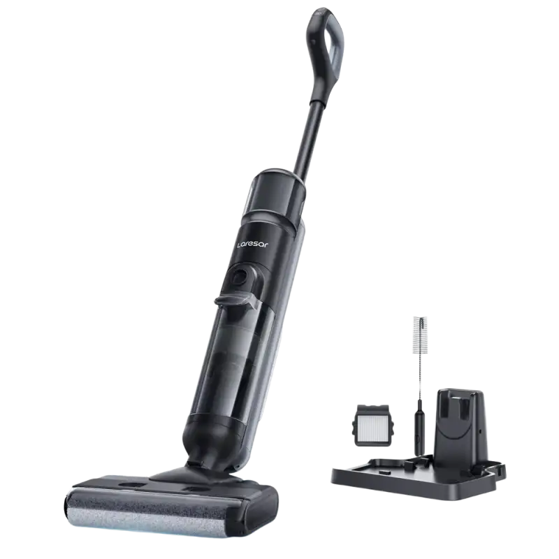 Black cordless vacuum with smart dirt detection, edge cleaning, and water tank