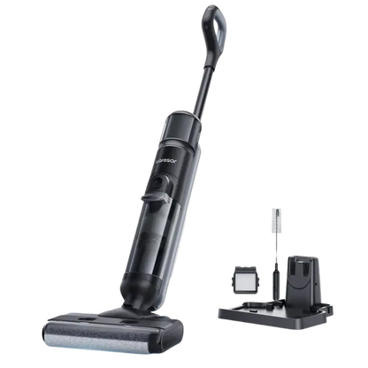 Black cordless vacuum with smart dirt detection, edge cleaning, and water tank