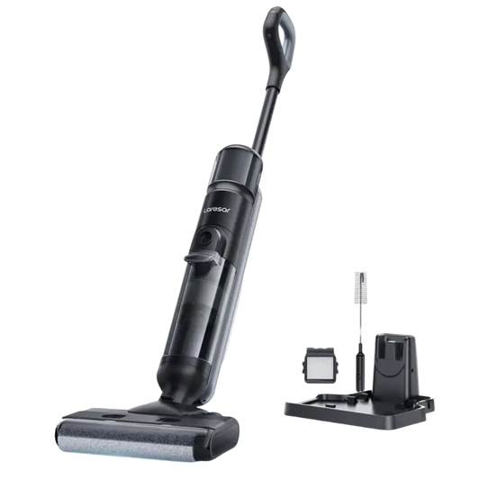 Black cordless vacuum with smart dirt detection, edge cleaning, and water tank