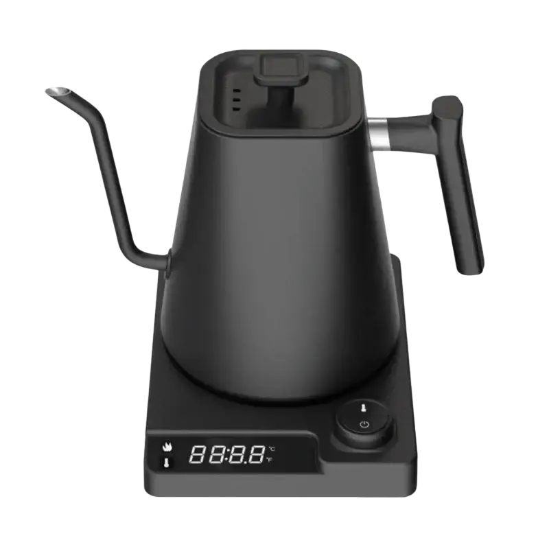 Black electric gooseneck kettle with wooden handle and digital display