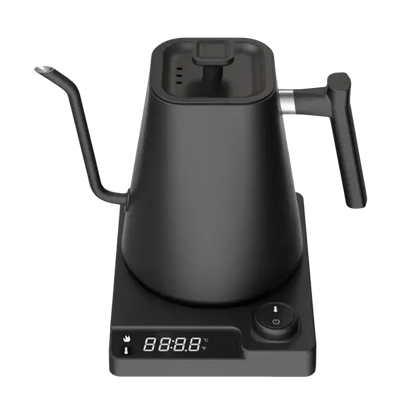 Black electric gooseneck kettle with wooden handle and digital display