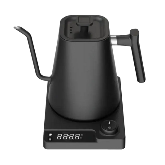 Black electric gooseneck kettle with wooden handle and digital display