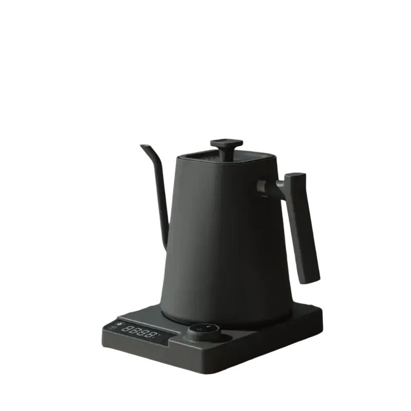Sleek black electric gooseneck kettle with wooden handle and digital display for professional use